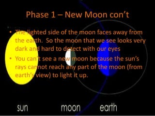 Phase 1 – New Moon con’t
• The lighted side of the moon faces away from
the earth. So the moon that we see looks very
dark and hard to detect with our eyes
• You can’t see a new moon because the sun’s
rays cannot reach any part of the moon (from
earth’s view) to light it up.
 