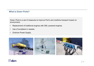 11
What is Green Ports?
Green Ports is a set of measures to improve Port’s and maritime transport impact on
environment.
• Replacement of traditional engines with GNL powered engines.
• Use of scrubbers in vessels.
• Onshore Power Supply.
 