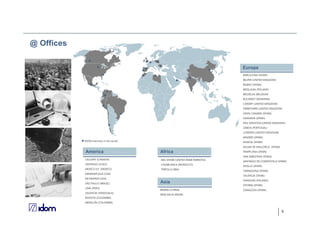@ Offices
BARCELONA (SPAIN)
BELPER (UNITED KINGDOM)
BILBAO (SPAIN)
BRESLAVIA (POLAND)
BRUSELAS (BELGIUM)
BUCAREST (ROMANIA)
CARDIFF (UNITED KINGDOM)
DERBYSHIRE (UNITED KINGDOM)
GRAN CANARIA (SPAIN)
GRANADA (SPAIN)
KEN, KENSTON (UNITED KINGDOM)
LISBOA (PORTUGAL)
LONDRES (UNITED KINGDOM)
MADRID (SPAIN)
MURCIA (SPAIN)
PALMA DE MALLORCA (SPAIN)
PAMPLONA (SPAIN)
SAN SEBASTIAN (SPAIN)
SANTIAGO DE COMPOSTELA (SPAIN)
SEVILLA (SPAIN)
TARRAGONA (SPAIN)
VALENCIA (SPAIN)
VARSOVIA (POLAND)
VITORIA (SPAIN)
ZARAGOZA (SPAIN)
Europe
CALGARY (CANADA)
SANTIAGO (CHILE)
MEXICO D.F. (MEXICO)
MINNEAPLOLIS (USA)
RICHMOND (USA)
SÃO PAULO (BRAZIL)
LIMA (PERU)
VALENCIA (VENEZUELA)
BOGOTÁ (COLOMBIA)
MEDELLÍN (COLOMBIA)
America
ABU DHABI (UNITED ARAB EMIRATES)
CASABLANCA (MOROCCO)
TRIPOLI (LYBIA)
Africa
BEIJING (CHINA)
NEW DELHI (INDIA)
Asia
5
IDOM branches in the world
 