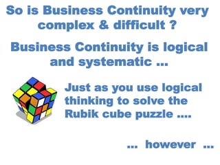 So is Business Continuity very
complex & difficult ?
Business Continuity is logical
and systematic …
Just as you use logical
thinking to solve the
Rubik cube puzzle ….
… however …
 