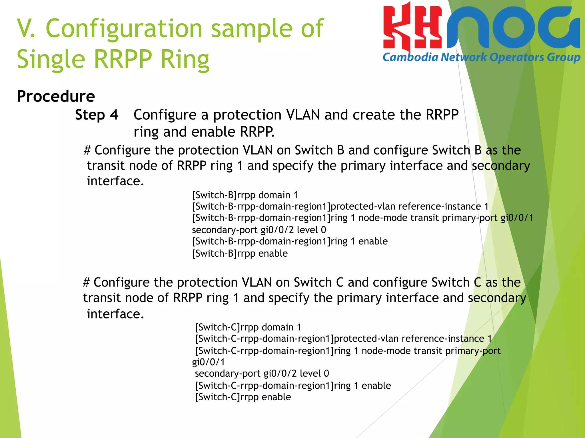 Procedure
Step 4 Configure a protection VLAN and create the RRPP
ring and enable RRPP.
# Configure the protection VLAN on Switch B and configure Switch B as the
transit node of RRPP ring 1 and specify the primary interface and secondary
interface.
[Switch-B]rrpp domain 1
[Switch-B-rrpp-domain-region1]protected-vlan reference-instance 1
[Switch-B-rrpp-domain-region1]ring 1 node-mode transit primary-port gi0/0/1
secondary-port gi0/0/2 level 0
[Switch-B-rrpp-domain-region1]ring 1 enable
[Switch-B]rrpp enable
# Configure the protection VLAN on Switch C and configure Switch C as the
transit node of RRPP ring 1 and specify the primary interface and secondary
interface.
[Switch-C]rrpp domain 1
[Switch-C-rrpp-domain-region1]protected-vlan reference-instance 1
[Switch-C-rrpp-domain-region1]ring 1 node-mode transit primary-port
gi0/0/1
secondary-port gi0/0/2 level 0
[Switch-C-rrpp-domain-region1]ring 1 enable
[Switch-C]rrpp enable
V. Configuration sample of
Single RRPP Ring
 