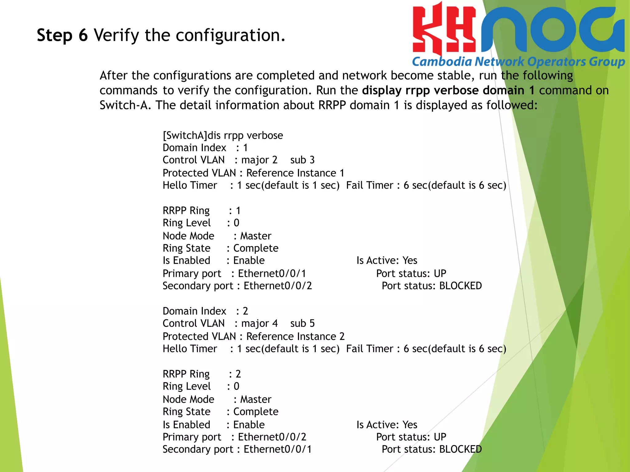Step 6 Verify the configuration.
After the configurations are completed and network become stable, run the following
commands to verify the configuration. Run the display rrpp verbose domain 1 command on
Switch-A. The detail information about RRPP domain 1 is displayed as followed:
[SwitchA]dis rrpp verbose
Domain Index : 1
Control VLAN : major 2 sub 3
Protected VLAN : Reference Instance 1
Hello Timer : 1 sec(default is 1 sec) Fail Timer : 6 sec(default is 6 sec)
RRPP Ring : 1
Ring Level : 0
Node Mode : Master
Ring State : Complete
Is Enabled : Enable Is Active: Yes
Primary port : Ethernet0/0/1 Port status: UP
Secondary port : Ethernet0/0/2 Port status: BLOCKED
Domain Index : 2
Control VLAN : major 4 sub 5
Protected VLAN : Reference Instance 2
Hello Timer : 1 sec(default is 1 sec) Fail Timer : 6 sec(default is 6 sec)
RRPP Ring : 2
Ring Level : 0
Node Mode : Master
Ring State : Complete
Is Enabled : Enable Is Active: Yes
Primary port : Ethernet0/0/2 Port status: UP
Secondary port : Ethernet0/0/1 Port status: BLOCKED
 