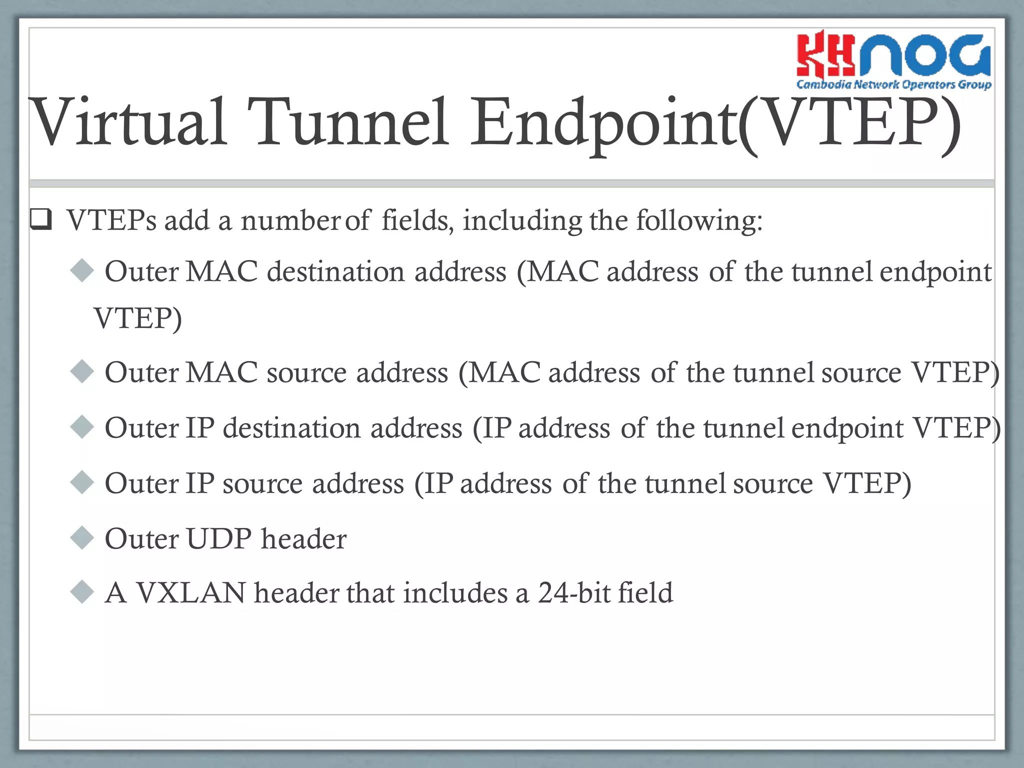 q VTEPs add a numberof fields, including the following:
u Outer MAC destination address (MAC address of the tunnel endpoint
VTEP)
u Outer MAC source address (MAC address of the tunnel source VTEP)
u Outer IP destination address (IP address of the tunnel endpoint VTEP)
u Outer IP source address (IP address of the tunnel source VTEP)
u Outer UDP header
u A VXLAN header that includes a 24-bit field
Virtual Tunnel Endpoint(VTEP)