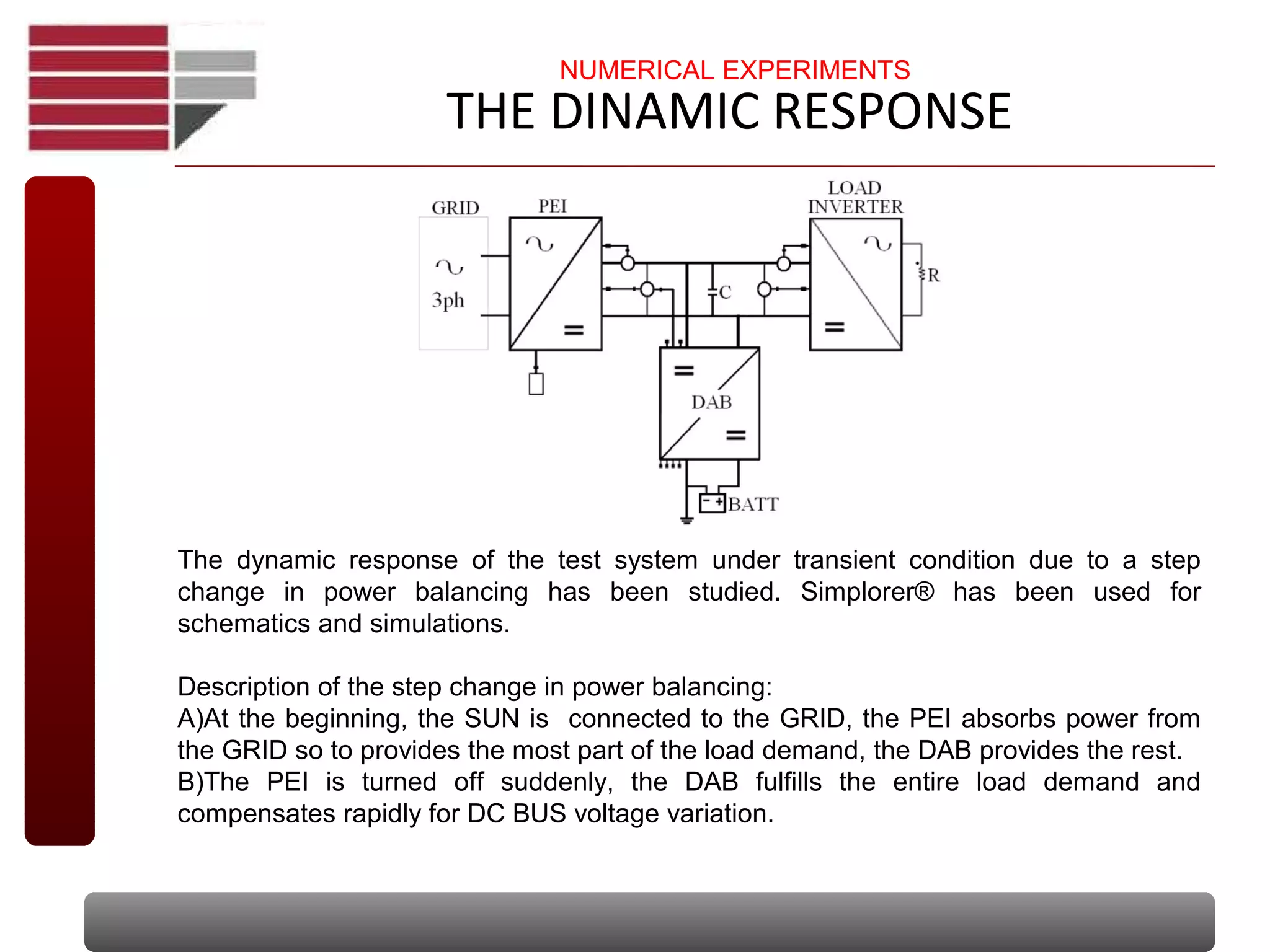 THE DINAMIC RESPONSE
The dynamic response of the test system under transient condition due to a step
change in power balancing has been studied. Simplorer® has been used for
schematics and simulations.
Description of the step change in power balancing:
A)At the beginning, the SUN is connected to the GRID, the PEI absorbs power from
the GRID so to provides the most part of the load demand, the DAB provides the rest.
B)The PEI is turned off suddenly, the DAB fulfills the entire load demand and
compensates rapidly for DC BUS voltage variation.
NUMERICAL EXPERIMENTS
 