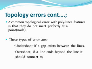 Topology errors cont….;
 A common topological error with poly-lines features
is that they do not meet perfectly at a
point(node).
 These types of error are:-
-Undershoot, if a gap exists between the lines.
-Overshoot, if a line ends beyond the line it
should connect to.
 