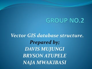 Vector GIS database structure.
Prepared by;
DAVIS MUJUNGI
BRYSON ATUPELE
NAJA MWAKIBASI
 