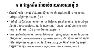 ភាពជាអនកដលកនាំរបស្់នយកសាលាលរៀន
• សំនៅនលើការបំនពញការងារ ផ្ដ្លមានឥទធិពលន ឹះនលើអែកនៅនគ្កាែឱវាទ ការគ្គប់គ្គង
របស់ខ្ួន នៅកែុងអងគភាពសាលានរៀន។
• វាជាកិចចខិតខំគ្បលងផ្គ្បងរបស់នាយកសាលា នដ្ើែប៊ីនោយអែកនៅនគ្កាែការគ្គប់គ្គងរបស់ខ្ួន
ន្វើនោយបានសនគ្ែចនូវនោលបំណ្ងរួែរបស់សាលា គ្បកបនដ្ឋយគ្បសិទធភាពខពស់ គុណ្
ភាពខពស់ នលិតភាពខពស់ តមា្ ភាព និងគណ្ននយយភាព។
• ភាពជាអែកដ្លកនាំរបស់នាយកសាលា គឺជាសែតថភាពផ្ល្ ស់បតូរលកខណ្ៈការងារព៊ីបុគគលភាព
នៅអងគការភាព (individual-centered to organization-centered) នដ្ឋយន្វើយ៉ា ងណានោយគ្គប់
ភាគ៊ីពាក់ព័នធមានការចូលរួែសនគ្ែចចិតត និងទទួលខុសគ្តូរួែនលើដ្ំនណ្ើ រការអភិវឌ្ឍលទធនល
សិការបស់សិសស (Camburn, Rowan, & Taylor, 2003; Gronn & Hamilton, 2004)។
 