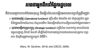 ភាពជាអនកដលកនាំប្នករដឋបាល
គឺជាសែតថភាពចាត់ផ្ចងែនុសស និងនរៀបចំសាលានរៀននោយមានគ្បព័នធគ្តលែគ្តូវ៖
➢ ែុខងារអនុវតត (Operational function)៖ នគ្ជើសនរ ើស ផ្តងតាំង ដ្ក ោំគ្ទបុគគលិក គ្តួត
ពិនិតយរួែនលើការចំណាយ-ចំណ្ូ លែវ ិកា និងបនងកើតបរ ិយកាសវ ិជជមាននៅកផ្ន្ងការងារ។
➢ ែុខងារបនងកើតយុទធសាស្រសត (Strategic function)៖ ចកខុវ ិស័យ នបសកកែម នោលបំណ្ង
ចងអុលបងាា ញ ដ្លកនាំ ផ្ណ្នាំ នដ្ើែប៊ីដ្ំនណ្ើ ការការងារគ្បកបនដ្ឋយគណ្ននយយភាព តមា្
ភាព និងគ្តលែគ្តូវតាែកបួនចាប់ ន៊ីតិវ ិ្៊ី។
(Mary. M. Gardiner, 2016) and (OECD, 2009).
 
