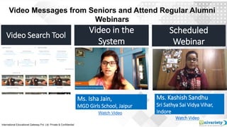 Video Messages from Seniors and Attend Regular Alumni
Webinars
Scheduled
Webinar
Ms. Kashish Sandhu
Sri Sathya Sai Vidya Vihar,
Indore
Watch Video
Video Search Tool
International Educational Gateway Pvt. Ltd. Private & Confidential
Video in the
System
Ms. Isha Jain,
MGD Girls School, Jaipur
Watch Video
 