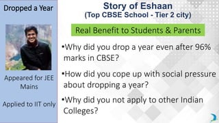 Story of Eshaan
(Top CBSE School - Tier 2 city)
•Why did you drop a year even after 96%
marks in CBSE?
Real Benefit to Students & Parents
Appeared for JEE
Mains
Applied to IIT only
Dropped a Year
•How did you cope up with social pressure
about dropping a year?
•Why did you not apply to other Indian
Colleges?
 