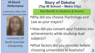 Real Benefit to Students & Parents
•Why did you choose Psychology and
Law as your majors?
• How did you convert your hobbies into
achievements while studying dual
subjects?
•What factors did you consider before
choosing universities in Australia?
Story of Daksha
(Top IB School – Metro City)
6 Admission Offers from
International Universities
- University Of
South Australia
- Scholarship
All Round
Performance
 