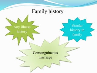 Family history
Any illness
history
Similar
history in
family
Consanguineous
marriage
 