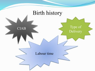 Birth history
CIAB Type of
Delivery
Labour time
 