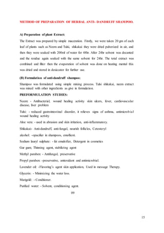 15
METHOD OF PREPARATION OF HERBAL ANTI- DANDRUFF SHAMPOO.
A) Preparation of plant Extract:
The Extract was prepared by simple maceration. Firstly, we were taken 20 gm of each
leaf of plants such as Neem and Tulsi, shikakai they were dried pulverized in air, and
then they were soaked with 200ml of water for 48hr. After 24hr solvent was decanted
and the residue again soaked with the same solvent for 24hr. The total extract was
combined and filter then the evaporation of solvent was done on heating mental this
was dried and stored in desiccator for further use.
(B) Formulation of anti-dandruff shampoo:
Shampoo was formulated using simple mixing process. Tulsi shikakai, neem extract
was mixed with other ingredients as give in formulation.
PREFORMULATION STUDIES:
Neem: - Antibacterial, wound healing activity skin ulcers, fever, cardiovascular
disease, liver problem
Tulsi: - reduced gastrointestinal disorder, it relieves signs of asthma, antimicrobial
wound healing activity
Aloe vera: - used in abrasion and skin irritation, anti-inflammatory.
Shikakai:- Anti-dandruff, anti-fungal, nourish follicles, Cetosteryl
alcohol: -opacifier in shampoos, emollient.
Sodium lauryl sulphate: - fat emulsifier, Detergent in cosmetics
Gur gum; Thinning agent, stabilizing agent
Methyl paraben: - Antifungal, preservative
Propyl paraben: -preservative, antioxidant and antimicrobial.
Lavender oil: -Flavoring’s agent skin application, Used in message Therapy.
Glycerin: - Minimizing the water loss.
Marigold: - Conditioner.
Purified water: - Solvent, conditioning agent.
09
 