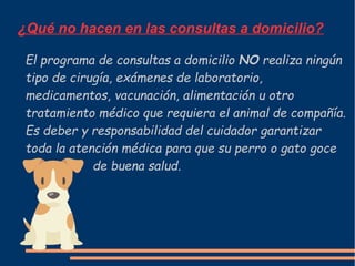 ¿Qué no hacen en las consultas a domicilio?
El programa de consultas a domicilio NO realiza ningún
tipo de cirugía, exámenes de laboratorio,
medicamentos, vacunación, alimentación u otro
tratamiento médico que requiera el animal de compañía.
Es deber y responsabilidad del cuidador garantizar
toda la atención médica para que su perro o gato goce
de buena salud.
 
