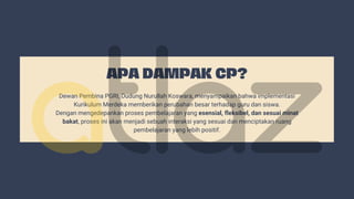 APA DAMPAK CP?
Dewan Pembina PGRI, Dudung Nurullah Koswara, menyampaikan bahwa implementasi
Kurikulum Merdeka memberikan perubahan besar terhadap guru dan siswa.
Dengan mengedepankan proses pembelajaran yang esensial, fleksibel, dan sesuai minat
bakat, proses ini akan menjadi sebuah interaksi yang sesuai dan menciptakan ruang
pembelajaran yang lebih positif.
 