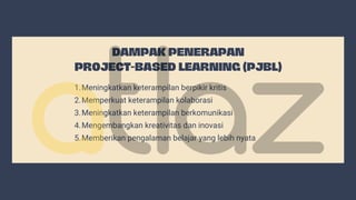 DAMPAK PENERAPAN
PROJECT-BASED LEARNING (PJBL)
Meningkatkan keterampilan berpikir kritis
Memperkuat keterampilan kolaborasi
Meningkatkan keterampilan berkomunikasi
Mengembangkan kreativitas dan inovasi
Memberikan pengalaman belajar yang lebih nyata
1.
2.
3.
4.
5.
 