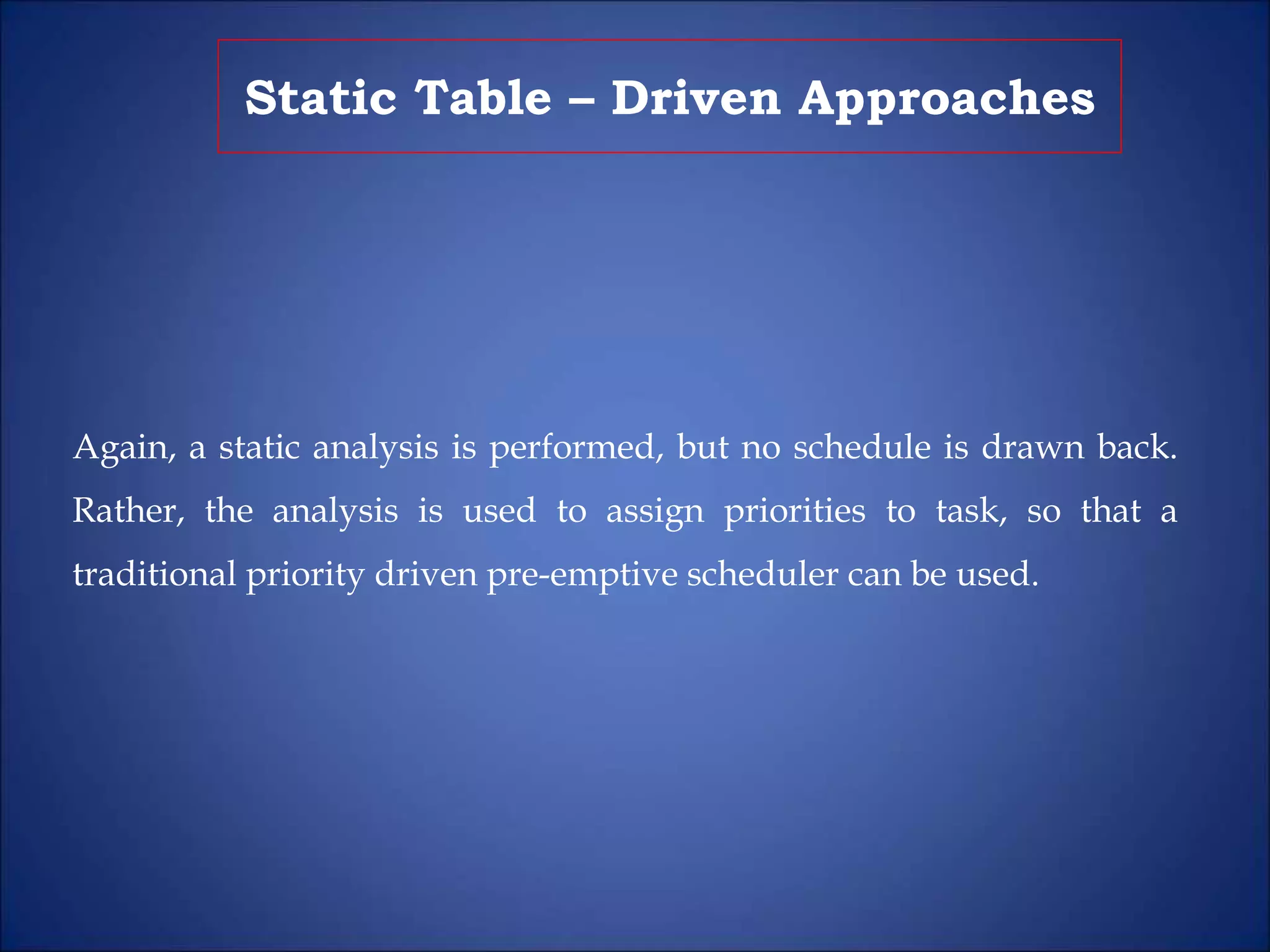Static Table – Driven Approaches
Again, a static analysis is performed, but no schedule is drawn back.
Rather, the analysis is used to assign priorities to task, so that a
traditional priority driven pre-emptive scheduler can be used.
 