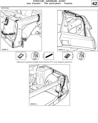 42
SSSSTTTTRRRRUUUUCCCCTTTTUUUURRRREEEE SSSSUUUUPPPPEEEERRRRIIIIEEEEUUUURRRREEEE AAAAVVVVAAAANNNNTTTT
JJJJoooouuuueeee dddd''''aaaauuuuvvvveeeennnntttt ---- TTTTôôôôlllleeee ppppoooorrrrtttteeee----pppphhhhaaaarrrreeee ---- TTTTrrrraaaavvvveeeerrrrsssseeee
PEINTURE
- Effectuer la gamme d'application peinture N°5 (voir chapitre peinture).
 
