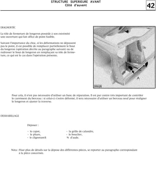 42
SSSSTTTTRRRRUUUUCCCCTTTTUUUURRRREEEE SSSSUUUUPPPPEEEERRRRIIIIEEEEUUUURRRREEEE AAAAVVVVAAAANNNNTTTT
CCCCôôôôttttéééé dddd''''aaaauuuuvvvveeeennnntttt
DIAGNOSTIC
La tôle de fermeture de longeron possède à son extrémité
une ouverture qui fait office de point fusible.
Suivant l'importance du choc, si les déformations ne dépassent
pas le point, il est possible de remplacer partiellement le bout
du longeron (opération décrite au paragraphe suivant) ou de
redresser le bout de longeron en remplaçant sa tôle de ferme-
ture, ce qui est le cas dans l'opération présente.
Pour cela, il n'est pas nécessaire d'utiliser un banc de réparation. Il est par contre très important de contrôler
le carrément du berceau : si celui-ci s'avère déformé, il sera nécessaire d'utiliser un berceau neuf pour réaligner
le longeron et ajuster la traverse.
DESHABILLAGE
Déposer :
- le capot, - la grille de calandre,
- le phare, - le bouclier,
- le clignotant$ % d'aade.
Nota : Pour plus de détails sur la dépose des différentes pièces, se reporter au paragraphe correspondant
à la pièce concernée.
 