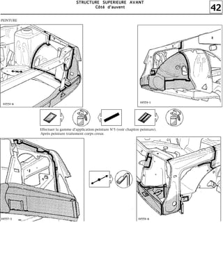 42
SSSSTTTTRRRRUUUUCCCCTTTTUUUURRRREEEE SSSSUUUUPPPPEEEERRRRIIIIEEEEUUUURRRREEEE AAAAVVVVAAAANNNNTTTT
CCCCôôôôttttéééé dddd''''aaaauuuuvvvveeeennnntttt
PEINTURE
Effectuer la gamme d'application peinture N°5 (voir chapitre peinture).
Après peinture traitement corps creux
 
