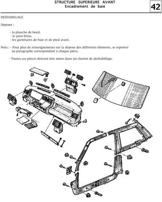 42
SSSSTTTTRRRRUUUUCCCCTTTTUUUURRRREEEE SSSSUUUUPPPPEEEERRRRIIIIEEEEUUUURRRREEEE AAAAVVVVAAAANNNNTTTT
EEEEnnnnccccaaaaddddrrrreeeemmmmeeeennnntttt ddddeeee bbbbaaaaiiiieeee
DESHABILLAGE
Déposer :
- la planche de bord,
- le pare-brise,
- les garnitures de baie et de pied avant.
Nota : - Pour plus de renseignements sur la dépose des différents éléments, se reporter
au paragraphe correspondant à chaque pièce.
- Toutes ces pièces doivent être mises dans un chariot de déshabillage.
 