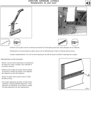 43
SSSSTTTTRRRRUUUUCCCCTTTTUUUURRRREEEE SSSSUUUUPPPPEEEERRRRIIIIEEEEUUUURRRREEEE LLLLAAAATTTTEEEERRRRAAAALLLLEEEE
RRRReeeemmmmppppllllaaaacccceeeemmmmeeeennnntttt dddduuuu ppppiiiieeeedddd aaaavvvvaaaannnntttt
- Prélever sur la pièce neuve un morceau d'environ 50 mm plus grand que celui découpé sur le véhicule.
- Positionner en recouvrement la pièce neuve sur le véhicule puis la fixer à l'aide de pinces étaux.
- Couper simultanément à la scie les deux épaisseurs de tôle de façon à faciliter l'ajustage des coupes.
PREPARATION AVANT SOUDURE
- Mettre à nu les faces intérieures et extérieures
de toutes les zones à souder. (Sur véhicule et
sur pièces neuves).
- Enduire d'un cordon de mastic électro-plastic
les parties à souder par points (voir légende
des vignettes en tête de chapitre).
- Ajuster la pièce neuve puis la fixer à l'aide
de pinces étaux.
- A la coupe supérieure du pied, à l'aide d'une
meuleuse à disque bakelite épaisseur 3 mm,
effectuer un chanfrein (A) de façon à souder
les deux épaisseurs de tôle superposées.
 