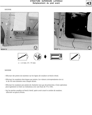 43
SSSSTTTTRRRRUUUUCCCCTTTTUUUURRRREEEE SSSSUUUUPPPPEEEERRRRIIIIEEEEUUUURRRREEEE LLLLAAAATTTTEEEERRRRAAAALLLLEEEE
RRRReeeemmmmppppllllaaaacccceeeemmmmeeeennnntttt dddduuuu ppppiiiieeeedddd aaaavvvvaaaannnntttt
SOUDURE
e = 1,4 mm ; H = 55 mm
SOUDURE
- Effectuer des points de maintien sur les lignes de soudure en bord à bord.
- Effectuer les soudures électriques par points. Les valeurs correspondantes de (e)
et de (H) sont données sous chaque dessin.
- Effectuer les soudures par points de chaînette sous gaz de protection. (Cette opération
peut également se faire au chalumeau avec une buse de 75 à 100).
- Sur les parties soudées en bord à bord, après avoir arasé le cordon de soudure,
effectuer un glacis d'étain.
 