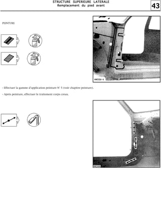 43
SSSSTTTTRRRRUUUUCCCCTTTTUUUURRRREEEE SSSSUUUUPPPPEEEERRRRIIIIEEEEUUUURRRREEEE LLLLAAAATTTTEEEERRRRAAAALLLLEEEE
RRRReeeemmmmppppllllaaaacccceeeemmmmeeeennnntttt dddduuuu ppppiiiieeeedddd aaaavvvvaaaannnntttt
PEINTURE
- Effectuer la gamme d'application peinture N° 5 (voir chapitre peinture).
- Après peinture, effectuer le traitement corps creux.
 