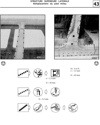 43
SSSSTTTTRRRRUUUUCCCCTTTTUUUURRRREEEE SSSSUUUUPPPPEEEERRRRIIIIEEEEUUUURRRREEEE LLLLAAAATTTTEEEERRRRAAAALLLLEEEE
RRRReeeemmmmppppllllaaaacccceeeemmmmeeeennnntttt dddduuuu ppppiiiieeeedddd mmmmiiiilllliiiieeeeuuuu
En A et B :
e = 3,5 mm
H = 40 mm
e = 1,5 mm
H = 40 mm
D = 5,5 mm
 