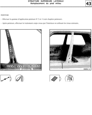 43
SSSSTTTTRRRRUUUUCCCCTTTTUUUURRRREEEE SSSSUUUUPPPPEEEERRRRIIIIEEEEUUUURRRREEEE LLLLAAAATTTTEEEERRRRAAAALLLLEEEE
RRRReeeemmmmppppllllaaaacccceeeemmmmeeeennnntttt dddduuuu ppppiiiieeeedddd mmmmiiiilllliiiieeeeuuuu
PEINTURE
- Effectuer la gamme d'application peinture N° 5 et 3 (voir chapitre peinture).
- Après peinture, effectuer le traitement corps creux par l'intérieur en utilisant les trous existants.
 