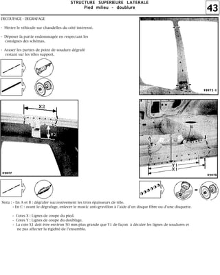 43
SSSSTTTTRRRRUUUUCCCCTTTTUUUURRRREEEE SSSSUUUUPPPPEEEERRRRIIIIEEEEUUUURRRREEEE LLLLAAAATTTTEEEERRRRAAAALLLLEEEE
PPPPiiiieeeedddd mmmmiiiilllliiiieeeeuuuu ---- ddddoooouuuubbbblllluuuurrrreeee
DECOUPAGE - DEGRAFAGE
- Mettre le véhicule sur chandelles du côté intéressé.
- Déposer la partie endommagée en respectant les
consignes des schémas.
- Araser les parties de point de soudure dégrafé
restant sur les tôles support.
Nota : - En A et B : dégrafer successivement les trois épaisseurs de tôle.
- En C : avant le dégrafage, enlever le mastic anti-gravillon à l'aide d'un disque fibre ou d'une disquette.
- Cotes X : Lignes de coupe du pied.
- Cotes Y : Lignes de coupe du doublage.
- La cote X1 doit être environ 50 mm plus grande que Y1 de façon à décaler les lignes de soudures et
ne pas affecter la rigidité de l'ensemble.
 