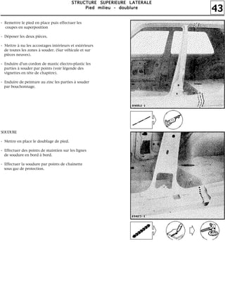 43
SSSSTTTTRRRRUUUUCCCCTTTTUUUURRRREEEE SSSSUUUUPPPPEEEERRRRIIIIEEEEUUUURRRREEEE LLLLAAAATTTTEEEERRRRAAAALLLLEEEE
PPPPiiiieeeedddd mmmmiiiilllliiiieeeeuuuu ---- ddddoooouuuubbbblllluuuurrrreeee
- Remettre le pied en place puis effectuer les
coupes en superposition
- Déposer les deux pièces.
- Mettre à nu les accostages intérieurs et extérieurs
de toutes les zones à souder. (Sur véhicule et sur
pièces neuves).
- Enduire d'un cordon de mastic électro-plastic les
parties à souder par points (voir légende des
vignettes en tête de chapitre).
- Enduire de peinture au zinc les parties à souder
par bouchonnage.
SOUDURE
- Mettre en place le doublage de pied.
- Effectuer des points de maintien sur les lignes
de soudure en bord à bord.
- Effectuer la soudure par points de chaînette
sous gaz de protection.
 