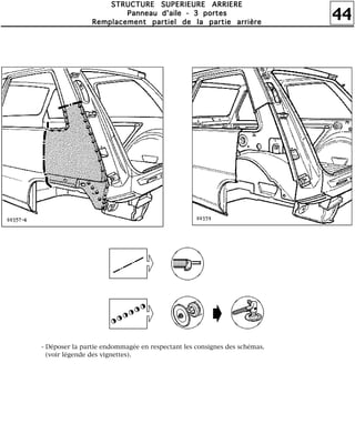 44
SSSSTTTTRRRRUUUUCCCCTTTTUUUURRRREEEE SSSSUUUUPPPPEEEERRRRIIIIEEEEUUUURRRREEEE AAAARRRRRRRRIIIIEEEERRRREEEE
PPPPaaaannnnnnnneeeeaaaauuuu dddd''''aaaaiiiilllleeee ---- 3333 ppppoooorrrrtttteeeessss
RRRReeeemmmmppppllllaaaacccceeeemmmmeeeennnntttt ppppaaaarrrrttttiiiieeeellll ddddeeee llllaaaa ppppaaaarrrrttttiiiieeee aaaarrrrrrrriiiièèèèrrrreeee
- Déposer la partie endommagée en respectant les consignes des schémas.
(voir légende des vignettes).
 