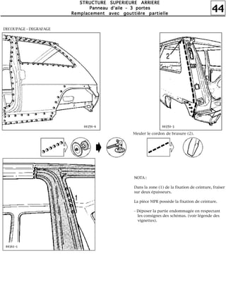 44
SSSSTTTTRRRRUUUUCCCCTTTTUUUURRRREEEE SSSSUUUUPPPPEEEERRRRIIIIEEEEUUUURRRREEEE AAAARRRRRRRRIIIIEEEERRRREEEE
PPPPaaaannnnnnnneeeeaaaauuuu dddd''''aaaaiiiilllleeee ---- 3333 ppppoooorrrrtttteeeessss
RRRReeeemmmmppppllllaaaacccceeeemmmmeeeennnntttt aaaavvvveeeecccc ggggoooouuuuttttttttiiiièèèèrrrreeee ppppaaaarrrrttttiiiieeeelllllllleeee
NOTA :
Dans la zone (1) de la fixation de ceinture, fraiser
sur deux épaisseurs.
La pièce MPR possède la fixation de ceinture.
- Déposer la partie endommagée en respectant
les consignes des schémas. (voir légende des
vignettes).
DECOUPAGE - DEGRAFAGE
Meuler le cordon de brasure (2).
 