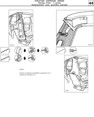 44
SSSSTTTTRRRRUUUUCCCCTTTTUUUURRRREEEE SSSSUUUUPPPPEEEERRRRIIIIEEEEUUUURRRREEEE AAAARRRRRRRRIIIIEEEERRRREEEE
PPPPaaaannnnnnnneeeeaaaauuuu dddd''''aaaaiiiilllleeee ---- 3333 ppppoooorrrrtttteeeessss
RRRReeeemmmmppppllllaaaacccceeeemmmmeeeennnntttt aaaavvvveeeecccc ggggoooouuuuttttttttiiiièèèèrrrreeee ppppaaaarrrrttttiiiieeeelllllllleeee
NOTA :
Fraiser et déposer ensemble la gouttière et la
fixation de ceinture (1).
 