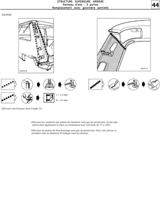 44
SSSSTTTTRRRRUUUUCCCCTTTTUUUURRRREEEE SSSSUUUUPPPPEEEERRRRIIIIEEEEUUUURRRREEEE AAAARRRRRRRRIIIIEEEERRRREEEE
PPPPaaaannnnnnnneeeeaaaauuuu dddd''''aaaaiiiilllleeee ---- 3333 ppppoooorrrrtttteeeessss
RRRReeeemmmmppppllllaaaacccceeeemmmmeeeennnntttt aaaavvvveeeecccc ggggoooouuuuttttttttiiiièèèèrrrreeee ppppaaaarrrrttttiiiieeeelllllllleeee
e = 1,4 mm
H = 35 mm
SOUDURE
Effectuer une brasure dans l'angle (2).
- Effectuer les soudures par points de chaînette sous gaz de protection. (Cette opé-
ration peut également se faire au chalumeau avec une buse de 75 à 100).
- Effectuer les points de bouchonnage sous gaz de protection. Pour cela, percer la
première tôle au diamètre D indiqué sous les dessins.
 
