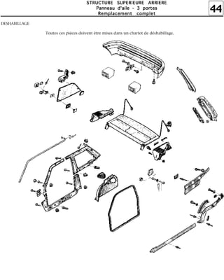 44
SSSSTTTTRRRRUUUUCCCCTTTTUUUURRRREEEE SSSSUUUUPPPPEEEERRRRIIIIEEEEUUUURRRREEEE AAAARRRRRRRRIIIIEEEERRRREEEE
PPPPaaaannnnnnnneeeeaaaauuuu dddd''''aaaaiiiilllleeee ---- 3333 ppppoooorrrrtttteeeessss
RRRReeeemmmmppppllllaaaacccceeeemmmmeeeennnntttt ccccoooommmmpppplllleeeetttt
DESHABILLAGE
Toutes ces pièces doivent être mises dans un chariot de déshabillage.
 