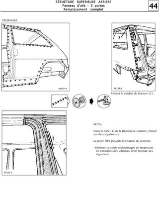 44
SSSSTTTTRRRRUUUUCCCCTTTTUUUURRRREEEE SSSSUUUUPPPPEEEERRRRIIIIEEEEUUUURRRREEEE AAAARRRRRRRRIIIIEEEERRRREEEE
PPPPaaaannnnnnnneeeeaaaauuuu dddd''''aaaaiiiilllleeee ---- 3333 ppppoooorrrrtttteeeessss
RRRReeeemmmmppppllllaaaacccceeeemmmmeeeennnntttt ccccoooommmmpppplllleeeetttt
NOTA :
Dans la zone (1) de la fixation de ceinture, fraiser
sur deux épaisseurs.
La pièce MPR possède la fixation de ceinture.
- Déposer la partie endommagée en respectant
les consignes des schémas. (voir légende des
vignettes).
DEGRAFAGE
Meuler le cordon de brasure (2).
 
