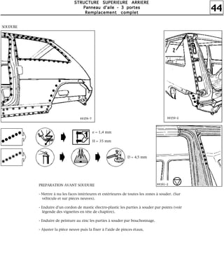 44
SSSSTTTTRRRRUUUUCCCCTTTTUUUURRRREEEE SSSSUUUUPPPPEEEERRRRIIIIEEEEUUUURRRREEEE AAAARRRRRRRRIIIIEEEERRRREEEE
PPPPaaaannnnnnnneeeeaaaauuuu dddd''''aaaaiiiilllleeee ---- 3333 ppppoooorrrrtttteeeessss
RRRReeeemmmmppppllllaaaacccceeeemmmmeeeennnntttt ccccoooommmmpppplllleeeetttt
e = 1,4 mm
H = 35 mm
D = 4,5 mm
SOUDURE
PREPARATION AVANT SOUDURE
- Mettre à nu les faces intérieures et extérieures de toutes les zones à souder. (Sur
véhicule et sur pièces neuves).
- Enduire d'un cordon de mastic électro-plastic les parties à souder par points (voir
légende des vignettes en tête de chapitre).
- Enduire de peinture au zinc les parties à souder par bouchonnage.
- Ajuster la pièce neuve puis la fixer à l'aide de pinces étaux.
 