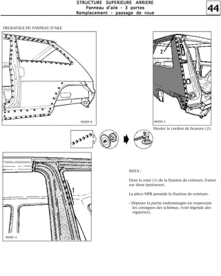 44
SSSSTTTTRRRRUUUUCCCCTTTTUUUURRRREEEE SSSSUUUUPPPPEEEERRRRIIIIEEEEUUUURRRREEEE AAAARRRRRRRRIIIIEEEERRRREEEE
PPPPaaaannnnnnnneeeeaaaauuuu dddd''''aaaaiiiilllleeee ---- 3333 ppppoooorrrrtttteeeessss
RRRReeeemmmmppppllllaaaacccceeeemmmmeeeennnntttt ---- ppppaaaassssssssaaaaggggeeee ddddeeee rrrroooouuuueeee
NOTA :
Dans la zone (1) de la fixation de ceinture, fraiser
sur deux épaisseurs.
La pièce MPR possède la fixation de ceinture.
- Déposer la partie endommagée en respectant
les consignes des schémas. (voir légende des
vignettes).
DEGRAFAGE DU PANNEAU D'AILE
Meuler le cordon de brasure (2).
 