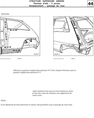 44
SSSSTTTTRRRRUUUUCCCCTTTTUUUURRRREEEE SSSSUUUUPPPPEEEERRRRIIIIEEEEUUUURRRREEEE AAAARRRRRRRRIIIIEEEERRRREEEE
PPPPaaaannnnnnnneeeeaaaauuuu dddd''''aaaaiiiilllleeee ---- 3333 ppppoooorrrrtttteeeessss
RRRReeeemmmmppppllllaaaacccceeeemmmmeeeennnntttt ---- ppppaaaassssssssaaaaggggeeee ddddeeee rrrroooouuuueeee
Effectuer la gamme d'application peinture N°5 (Voir chapitre Peinture) puis la
gamme d'application peinture N°3.
Après peinture faire par les trous intérieurs situés
en face des zones de soudures une application de
corps creux.
PEINTURE
NOTA :
Il est important de bien pulvériser le mastic anti-gravillons sous le passage de roue neuf.
 