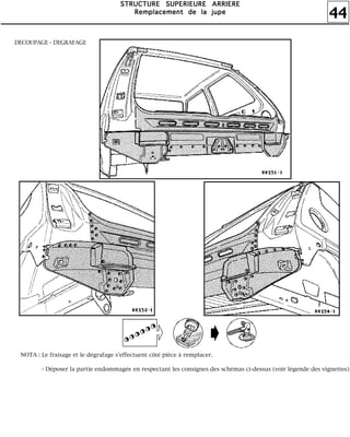 44
SSSSTTTTRRRRUUUUCCCCTTTTUUUURRRREEEE SSSSUUUUPPPPEEEERRRRIIIIEEEEUUUURRRREEEE AAAARRRRRRRRIIIIEEEERRRREEEE
RRRReeeemmmmppppllllaaaacccceeeemmmmeeeennnntttt ddddeeee llllaaaa jjjjuuuuppppeeee
DECOUPAGE - DEGRAFAGE
NOTA : Le fraisage et le dégrafage s'effectuent côté pièce à remplacer.
- Déposer la partie endommagée en respectant les consignes des schémas ci-dessus (voir légende des vignettes).
 
