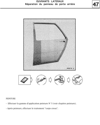47
OOOOUUUUVVVVRRRRAAAANNNNTTTTSSSS LLLLAAAATTTTEEEERRRRAAAAUUUUXXXX
RRRRééééppppaaaarrrraaaattttiiiioooonnnn dddduuuu ppppaaaannnnnnnneeeeaaaauuuu ddddeeee ppppoooorrrrtttteeee aaaarrrrrrrriiiièèèèrrrreeee
PEINTURE
- Effectuer la gamme d'application peinture N° 5 (voir chapitre peinture).
- Après peinture, effectuer le traitement "corps creux".
 