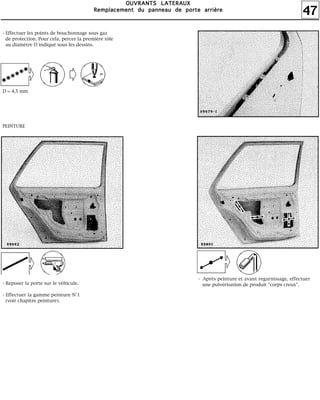 47
OOOOUUUUVVVVRRRRAAAANNNNTTTTSSSS LLLLAAAATTTTEEEERRRRAAAAUUUUXXXX
RRRReeeemmmmppppllllaaaacccceeeemmmmeeeennnntttt dddduuuu ppppaaaannnnnnnneeeeaaaauuuu ddddeeee ppppoooorrrrtttteeee aaaarrrrrrrriiiièèèèrrrreeee
- Effectuer les points de bouchonnage sous gaz
de protection. Pour cela, percer la première tôle
au diamètre D indiqué sous les dessins.
D = 4,5 mm
PEINTURE
- Reposer la porte sur le véhicule.
- Effectuer la gamme peinture N°1
(voir chapitre peinture).
- Après peinture et avant regarnissage, effectuer
une pulvérisation de produit "corps creux".
 