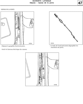 47
OOOOUUUUVVVVRRRRAAAANNNNTTTTSSSS LLLLAAAATTTTEEEERRRRAAAAUUUUXXXX
DDDDééééppppoooosssseeee ---- rrrreeeeppppoooosssseeee ddddeeee llllaaaa ppppoooorrrrtttteeee
DEPOSE DE LA PORTE
- Déposer la goupille d'arrêt de porte.
- Sortir le faisceau électrique du caisson.
- A l'aide de l'outil préconisé dégoupiller les
charnières de porte.
 