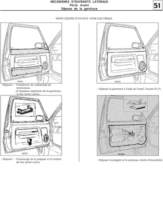 51
MMMMEEEECCCCAAAANNNNIIIISSSSMMMMEEEESSSS DDDD''''OOOOUUUUVVVVRRRRAAAANNNNTTTTSSSS LLLLAAAATTTTEEEERRRRAAAAUUUUXXXX
PPPPoooorrrrtttteeee AAAAvvvvaaaannnntttt
DDDDééééppppoooosssseeee ddddeeee llllaaaa ggggaaaarrrrnnnniiiittttuuuurrrreeee
- Déposer : - l'enjoliveur de commande de
rétroviseur,
- le bandeau supérieur de la garniture,
- le bac porte-cartes.
- Déposer : - l'entourage de la poignée et le renfort
du bac porte-cartes.
PORTE EQUIPEE D'UN LEVE -VITRE ELECTRIQUE
- Déposer la garniture à l'aide de l'outil : Facom D115.
- Déposer la poignée et le panneau vinyle d'étanchéité.
 