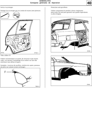 40
GGGGEEEENNNNEEEERRRRAAAALLLLIIIITTTTEEEESSSS
CCCCoooonnnnssssiiiiggggnnnneeeessss ggggéééénnnnéééérrrraaaalllleeeessss ddddeeee rrrrééééppppaaaarrrraaaattttiiiioooonnnn
Sertis et accostages
Protéger les accostages par un cordon de mastic joint peinture.
Tôles collées (F)
Utiliser exclusivement un mastic de structure (type mastic
colle), ceci permet l'assemblage d'un renfort sur une tôle
extérieure sans défaut d'aspect.
Exemples : traverses de pavillon, renforts de capots, panneau
de porte sur caisson (avant sertissage).
Protection anti-gravillons
Utiliser uniquement le produit à deux composants
préco-nisé, lui seul peut garantir une qualité équivalente
à celle d'origine
 