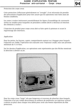 94
GGGGAAAAMMMMMMMMEEEE DDDD''''AAAAPPPPPPPPLLLLIIIICCCCAAAATTTTIIIIOOOONNNN PPPPEEEEIIIINNNNTTTTUUUURRRREEEE
PPPPrrrrooootttteeeeccccttttiiiioooonnnn aaaannnnttttiiii----ccccoooorrrrrrrroooossssiiiioooonnnn ---- CCCCoooorrrrppppssss ccccrrrreeeeuuuuxxxx
Protection des corps creux
Cette protection s'effectuant généralement en "aveugle", il est nécessaire de prendre
des précautions d'application pour être assuré que les opérations sont faites dans de
bonnes conditions.
Les zones à traiter intéressent essentiellement les lignes d'assemblage de carrosserie
serties ou soudées pour lesquelles on procédera comme décrit ci-dessous en fonction
des éléments à traiter :
L'injection du produit pour corps creux doit se faire après la peinture et avant le
regarnissage des intérieurs.
Application
Pour les portes, les hayons, capots, compartiments moteur ou à bagages pour lesquels
l'injection est visible, l'opération sera exécutée avec l'injecteur coudé, sous une pression
minimum de 5 à 6 bars.
Sur les dessins d'application, ces opérations sont représentées par des flèches montrant
la direction à donner au jet.
Pour les corps creux "longs" tels que longerons et traverses de plancher dans lesquels
l'injection n'est pas visible directement on utilisera de préférence un injecteur vertical
à mettre en place dans chaque trou défini pour avoir une bonne répartition du film
protecteur.
 