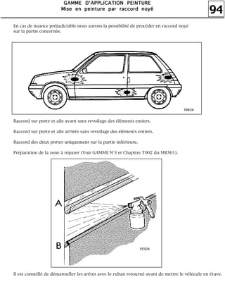 94
GGGGAAAAMMMMMMMMEEEE DDDD''''AAAAPPPPPPPPLLLLIIIICCCCAAAATTTTIIIIOOOONNNN PPPPEEEEIIIINNNNTTTTUUUURRRREEEE
MMMMiiiisssseeee eeeennnn ppppeeeeiiiinnnnttttuuuurrrreeee ppppaaaarrrr rrrraaaaccccccccoooorrrrdddd nnnnooooyyyyéééé
En cas de nuance préjudiciable nous aurons la possibilité de procéder en raccord noyé
sur la partie concernée.
Raccord sur porte et aile avant sans revoilage des éléments entiers.
Raccord sur porte et aile arrière sans revoilage des éléments entiers.
Raccord des deux portes uniquement sur la partie inférieure.
Préparation de la zone à réparer (Voir GAMME N°3 et Chapitre T002 du MR501).
Il est conseillé de démaroufler les arêtes avec le ruban retourné avant de mettre le véhicule en étuve.
 